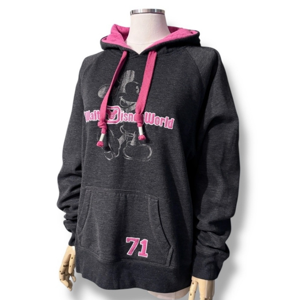 DISNEY Grey & Pink Embroidered Long Sleeve Hooded Pullover Mickey Graphic